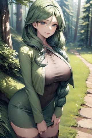 ((best quality)), ((highly detailed)), ((masterpiece)), detailed face, beautiful face, (detailed eyes, deep eyes), 1girl, solo, looking to viewer, Cheryl, smile, light gray eyes, long green hair, single braid hair over shoulder, large breasts, green jacket, long dress, boots, standing, forests scenery, Pokemon ,Cheryl 