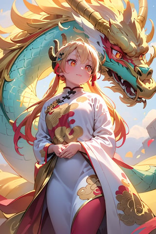 best quality, masterpiece,	(Cute chinese girl, 22year old:1.5),	(ancient chinese theme:1.4), (In the background, a golden dragon), ( chinese_clothes, long golden dress), (a fine beard:1.3), (a gentle smile:1.1),	large breasts, cinematic lighting, ambient lighting, sidelighting, cinematic shot, long wave blonde hair, beautiful and aesthetic, vibrant color, Exquisite details and textures, cold tone, ultra realistic illustration,siena natural ratio, anime style, Gold Dragon Printing, gold dress,	ultra hd, realistic, vivid colors, highly detailed, UHD drawing, perfect composition, ultra hd, 8k, he has an inner glow, stunning, something that even doesn't exist, mythical being, energy, molecular, textures, iridescent and luminescent scales, breathtaking beauty, pure perfection, divine presence, unforgettable, impressive, breathtaking beauty, Volumetric light, auras, rays, vivid colors reflects.,dragonbaby,tohru, dragon horns 