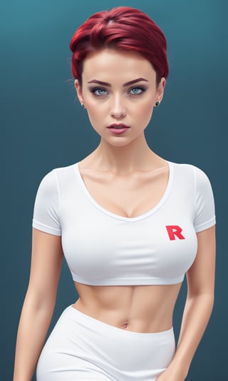 ((masterpiece, best quality)), jessie, facial portrait, pokemon,white top with red letter R, white skirt, pikachu background,sexy,curvy body,detailed face,perfect eyes,detailed hands,hands up,light background,mix of fantasy and realistic elements,vibrant manga,uhd picture , crystal translucency, vibrant artwork,jessie\(pokemon\) photoreapistic, photo, , realistic,wo_p3rfb0dy01