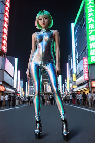 Photorealistic (32k UHD) ultra-sharp, luminescent futuristic holographic hyperrealistic, Intricate (fine details)(masterpiece)(full body shot) (shot from the front:1.2)(slim waist)(very_long_legs:0.8)(very small breast:1.7)(Perfect figure, body standing)Japanese city of Akihabara, photo has no sky, background of only skyscrapers,  3D rendering, stunning Anime fashionpunk, beautiful Japanese woman, A line haircut, tall, slim, fashionpunk, silver and mirrachrome clothing that reflects the neon lights, full chrome leggings, sleeveless, future luminescent neon holographic, hyper realistic, skyscrapers, a  Street at night-time, Red, green, Blue neon streetlights everywhere, pedestrians everywhere, maximum contrast, maximum texture, depth, post-processing, neon photography style