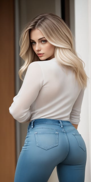 score_9, score_8_up, score_7_up, Generate hyper realistic 3/4 body shot image of a beautiful woman with long white hair cascading down her back as she looks back at the viewer with a confident gaze., she stands indoors, her stylish cotton shirt adding a touch of sophistication to her look. The anatomically perfect and subtle curve of her ass is accentuated by tight jeans, as in the sample photo: 

https://thisthingcalledfashionn.wordpress.com/wp-content/uploads/2017/02/1db1ad90a20769021430ab37841a1497.jpg?w=750

complementing the floral pattern in the background. mascara, eyeliner, natt lipstick, Random Poase, (viewed from behind:1.3)
