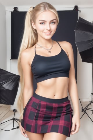 Generate hyper realistic image of a woman being photographed at a photo studio, with long blonde hair cascading down, her blue eyes locked onto the viewer with a gentle smile. She wears a plaid skirt paired with a crop top, her navel peeking through. Twin tails frame her face, adorned with a necklace,  Completing her ensemble is a subtle grin, there is a main light and a fill light, ,photostudio,perfect light
