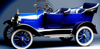 customized model T ford in a photo studio, one metre wide tyres on chrome wide mag wheels that extend out from the car body,  front tyres are the same with a smaller diametre that are 50cm wide, and wheels, visable chrome exhaust pipes, engine blower with large chrome scoop extending from on top of the centre of the blue engine