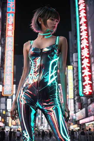 Photorealistic (32k UHD) ultra-sharp, luminescent futuristic holographic hyperrealistic, Intricate (fine details)(masterpiece)(full body shot) (shot from the front:1.2)(slim waist)(very_long_legs:0.8)(very small breast:1.7)(Perfect figure, body standing)Japanese city of Akihabara, photo has no sky, background of only skyscrapers,  3D rendering, stunning Anime fashionpunk, beautiful Japanese woman, A line haircut, tall, slim, fashionpunk, silver and mirrachrome clothing that reflects the neon lights, full chrome leggings, sleeveless, future luminescent neon holographic, hyper realistic, skyscrapers, a  Street at night-time, Red, green, Blue neon streetlights everywhere, pedestrians everywhere, maximum contrast, maximum texture, depth, post-processing, neon photography style,ByteBlade,neon style