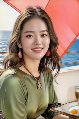Hyper-Realistic photo of a girl sitting in a luxurious cafe,20yo,1girl,perfect female form,perfect body proportion,perfect anatomy,[Apricot,Coral Pink,Olive Green,Sand-Beach color],elegant dress,detailed exquisite face,soft shiny skin,smile,mesmerizing,disheveled hair,small earrings,necklaces,Louis Vuitton bag
BREAK
backdrop of a beautiful cafe,table,ocean view,coffee mug,people,(fullbody:1.2),(wideshot:1.2)
BREAK
(rule of thirds:1.3),perfect composition,studio photo,trending on artstation,(Masterpiece,Best quality,32k,UHD:1.4),(sharp focus,high contrast,HDR,hyper-detailed,intricate details,ultra-realistic,award-winning photo,ultra-clear, (chiaroscuro lighting,soft rim lighting:1.15),by Karol Bak,Antonio Lopez,Gustav Klimt and Hayao Miyazaki,photo_b00ster,real_booster,art_booster,kim_heesun,song-hyegyo-xl