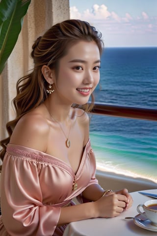 Hyper-Realistic photo of a girl sitting in a luxurious cafe,20yo,1girl,perfect female form,perfect body proportion,perfect anatomy,[Apricot,Coral Pink,Olive Green,Sand-Beach color],elegant dress,detailed exquisite face,soft shiny skin,smile,mesmerizing,disheveled hair,small earrings,necklaces,Louis Vuitton bag
BREAK
backdrop of a beautiful cafe,table,ocean view,coffee mug,people,(fullbody:1.2),(wideshot:1.2)
BREAK
(rule of thirds:1.3),perfect composition,studio photo,trending on artstation,(Masterpiece,Best quality,32k,UHD:1.4),(sharp focus,high contrast,HDR,hyper-detailed,intricate details,ultra-realistic,award-winning photo,ultra-clear,kodachrome 800:1.25),(chiaroscuro lighting,soft rim lighting:1.15),by Karol Bak,Antonio Lopez,Gustav Klimt and Hayao Miyazaki,photo_b00ster,real_booster,art_booster,kim_heesun