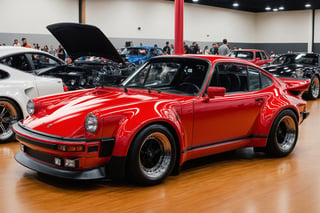 front view Photo of a highly modified 1976 Porsche 934, color is Dodge Stryker Red and it shines unmeasurably, the reflections are unstopable, the car is in a indoors at a car show, with people everywhere, The car is elevated on a stage, it has a classic 1976 Porsche whale tail, that flares up on the sides and the rear,

((8k, RAW photo, highest quality, UHD Masterpiece:1.2), High detail RAW colour photo professional photo,
(realistic:1.5)(photorealistic:1.2)( photo-realistic:1.37)(hyperrealistic:1.4)ultra realistic illustration,	realism pushed to extreme,
extremely defined blacks(rgb 0,0,0,)extremely high contrast, volumetric light, volume (sharp focus) (perfect focus:1.2)(Bright and intense:1.2)(perfect focus:1.2)(perfect lighting)

,ral-chrome