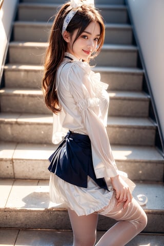 (((blue-sky、A smile、In the office、In the company、Climbing stairs、from side、up skirt)))、(In a blouse with white ruffles、Navy pencil skirt、shortsleeves:1.5)、Pretty Girl VN02, 1girl in, Solo, masutepiece, 1girl in, best qualtiy, Ultra Detail, (shiny), Small、with blush cheeks, Ray tracing,Perfect Lighting, (milky skin:1.2),reflection,  up looking_で_viewer, blush, bow ribbon, Medium Curl Hair、yellow_Eyes, White lace pantyhose, Bag, White choker, Low_Twin-tailed、Japan's cutest 28-year-old beautiful girl、Small ribbons in the hair