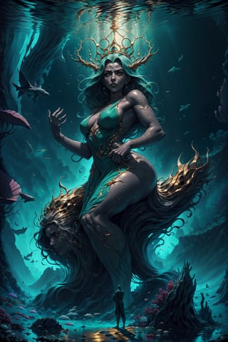 a scene where a tall and athletic dark skin man ( god of the ocean) , rising from the ground at an imposing height, flowing hair, magnificent crown,  encounters a young man significantly shorter than her. background theme is the ocean,  beautiful green and blue and gold tones, Explore the dynamics of their interaction, capturing the contrasts in physicality and perhaps delving into the unexpected connection or conflict that arises between the two characters. Consider how their respective statures influence their dialogue, body language, and the overall atmosphere of the encounter, 8k, interactive image, highly detailed, .,sciamano240,fantasy00d