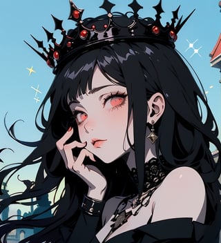 1 girl,cute, Jelly skin, oily skin, sparkling eyes, cute clothes. face focus,tiara,crown ,jelly, art, art style, cute, aesthetic, trendy, tik tok, female, girl, glossy, shiny, adorable, jelly, soft, dewy, cute, dark theme, black hair, red eyes,ybv1,anime,sv1,hmjy1