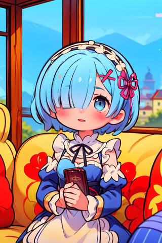 one Female,Chibi character,Educator,soft hair, short hair,Dark gray eyes,Intellectual smile, flat chest,BREAK,Simple sleeveless maid dress,simple skirt,BREAK,aausagi,She has sky blue hair that covers her right eye, large light blue eyes and has hair clips towards the left side of her hair, a flower-shaped ribbon on the same side of her hair, and a maid hairband,rem, sky blue hair that covers her right eye
