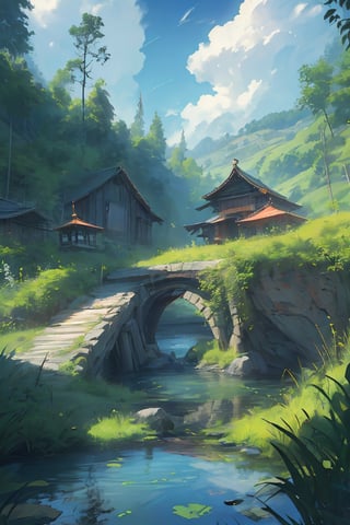 The breeze blows in the willows, the river flows happily, reflective water, a bridge spanning the river, presenting a vibrant scene, lushious clouds and plants, a shed on the side, a distant red shrine can be visible