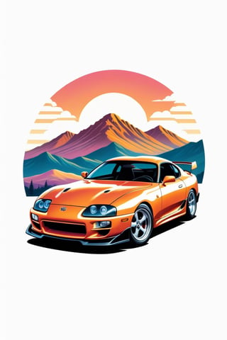 a classic retro-style drawing of a black Toyota Supra, capturing its iconic design and vintage allure. Emphasize sleek lines, bold curves, and nostalgic charm. a sunny afternoon,  the sky painted in shades of orange and pink as the car glides down a winding road.  Its white body shines in the sunlight,  reflecting the timeless elegance of this iconic automobile.  Through the open window you can hear the soft melody of a 1950s song. On the horizon,  the mountains rise majestically,  creating a stunning backdrop for this vintage scene.  This t-shirt design captures the nostalgia and beauty of a bygone era,  making the wearer feel transported on a journey full of style and adventure, ((6 colors t shirt design)), ((isolated design in solid white background)),Leonardo Style,T shirt design,TshirtDesignAF, clear and simple outline