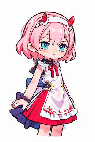 one Female,Chibi character,Educator,soft hair, Dark gray eyes,Intellectual smile, flat chest,BREAK,Simple sleeveless maid dress,simple skirt,BREAK,aausagi,She has waist-length, long pink hair with straight bangs covering her forehead and a pair of short red horns on her head and a white limiter headband over her horns. She has sharp, turquoise eyes with rings around the pupils and pinkish-red markings on the canthi.,aazero2