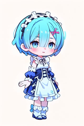 one Female,Chibi character,soft hair, short hair,Dark gray eyes,Intellectual smile, flat chest,BREAK,Simple sleeveless maid dress,simple skirt,BREAK,aausagi,She has sky blue hair that covers her right eye, large light blue eyes and has hair clips towards the left side of her hair, a flower-shaped ribbon on the same side of her hair, and a maid hairband,rem, simple background