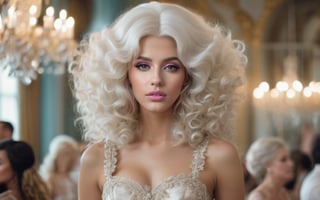 cinematic photo , gorgeous Georgian era woman, shoulders back, head held high, grand elaborate white powdered wig, towering wig with curls and waves, delicate ornaments, well-defined eyebrows, subtle rouge cheeks and kohl, delicate lace ruffle, silk skirt. lavish Georgian ballroom, crystal chandeliers, gilded furnishings. 35mm photograph, film, bokeh, professional, 4k, highly detailed