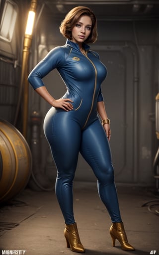 (masterpiece, best quality, realistic), full body, wide shot, 1girl, (Fallout 4 Vault girl), vault tec, sexy girl, beautiful, short blonde hair, smiling with closed mouth, (body tight jumpsuit), (deep blue jumpsuit with golden details from vault 111) (jumpsuit with long sleaves and frontal zipper, no cutouts), combat boots, pipboy on wrist, (vault girl), vault 111, ((curvy body)) defined body, good curves, good lighting, very detailed face, eyes highly detailed, sexy random pose, fallout