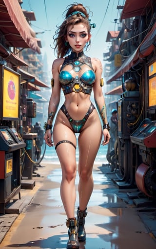 beauty, full body, exotic charm, full-body shot, transparent skin, glowing mechanical circuits beneath the skin, perfect facial features, sparkling eyes, eyes looking into the camera, intricate machinery, glowing mechanics, by the seaside of a cyberpunk city, vibrant colors, high resolution, extreme detail, 8K.