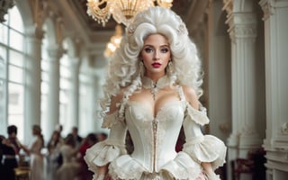 cinematic photo, full body shot, gorgeous Georgian era woman, shoulders back, head held high, grand elaborate white powdered wig, towering wig with curls and waves, delicate ornaments, well-defined eyebrows, subtle rouge cheeks and kohl, delicate lace ruffle, silk skirt. lavish Georgian ballroom, crystal chandeliers, gilded furnishings. 35mm photograph, film, bokeh, professional, 4k, highly detailed