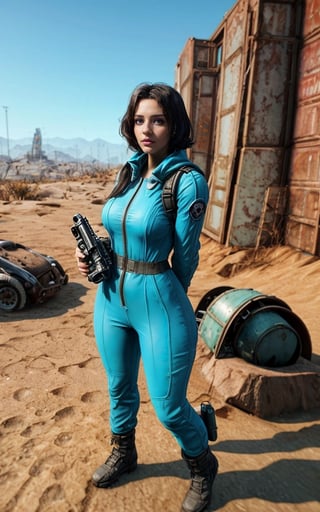 Deru with a gun and a backpack in a desert, solo female fallout character, as a retro futuristic heroine, wearing a blue vault-tech jumpsuit uniform with long sleaves as a retrofuturistic heroine, deru solo, holding a blaster, dusty fallout Vault suit, female lead character, fallout style, in the fallout wasteland, Deru, mighty princess of the wasteland
