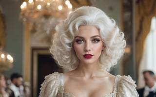 cinematic photo , gorgeous Georgian era woman, shoulders back, head held high, grand elaborate white powdered wig, towering wig with curls and waves, delicate ornaments, well-defined eyebrows, subtle rouge cheeks and kohl, delicate lace ruffle, silk skirt. lavish Georgian ballroom, crystal chandeliers, gilded furnishings. 35mm photograph, film, bokeh, professional, 4k, highly detailed