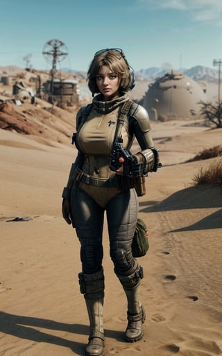Deru with a gun and a backpack in a desert, solo female fallout character, as a retro futuristic heroine, wearing a blue vault suit as a retrofuturistic heroine, deru solo, holding a blaster, dusty fallout Vault suit, female lead character, fallout style, in the fallout wasteland, Deru, mighty princess of the wasteland