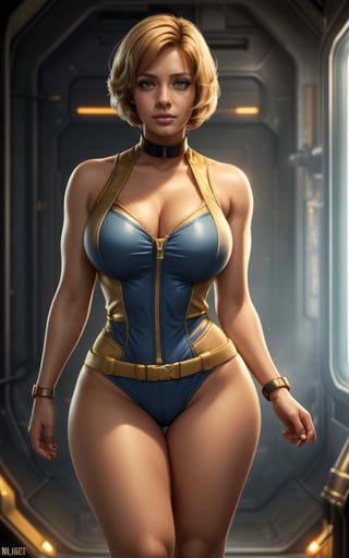 (masterpiece, best quality, realistic), full body, wide shot, 1girl, (Fallout 4 Vault girl), vault tec, sexy girl, beautiful, short blonde hair, smiling with closed mouth, (body tight jumpsuit), (deep blue jumpsuit with golden details from vault 111) (jumpsuit with long sleaves and frontal zipper, no cutouts), combat boots, pipboy on wrist, (vault girl), vault 111, ((curvy body)) defined body, good curves, good lighting, very detailed face, eyes highly detailed, random sexy pose, fallout