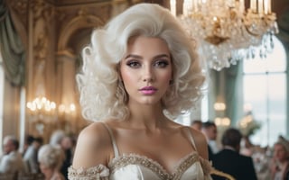 cinematic photo , gorgeous Georgian era woman, shoulders back, head held high, grand elaborate white powdered wig, towering wig with curls and waves, delicate ornaments, well-defined eyebrows, subtle rouge cheeks and kohl, delicate lace ruffle, silk skirt. lavish Georgian ballroom, crystal chandeliers, gilded furnishings. 35mm photograph, film, bokeh, professional, 4k, highly detailed