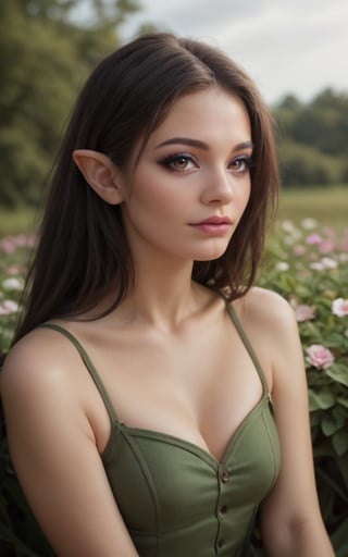 score_9, score_8_up, score_7_up, ultra quality, masterpiece, realistic, (ultra-detailed),(best shadow), (detailed eyes:1.1), 1girl, black hair, brown eyes, outdoors, flower, sitting, upper body, portrait, fantasy style, green dress, elven girl, long pointy ears, solo, OverallDetail
