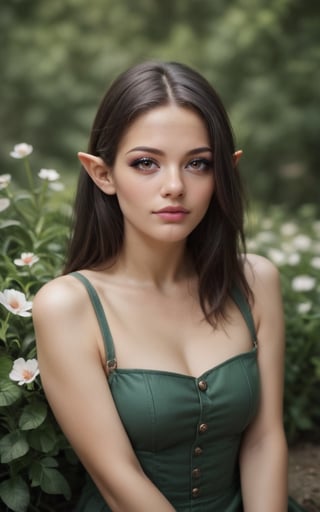 score_9, score_8_up, score_7_up, ultra quality, masterpiece, realistic, (ultra-detailed),(best shadow), (detailed eyes), 1girl, black hair, brown eyes, outdoors, flower, sitting, upper body, portrait, fantasy style, green dress, elven girl, long pointy ears, solo, OverallDetail