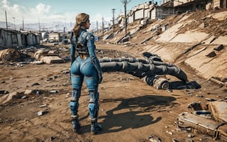  a woman in a blue vault-tech bodysuit , detailed pretty face, discarded mechsuit in background, in a desolate empty wasteland, in the fallout wasteland, full body view, full body shot hyperdetailed, full body shot 4k, apocalyptic fallout, realistic