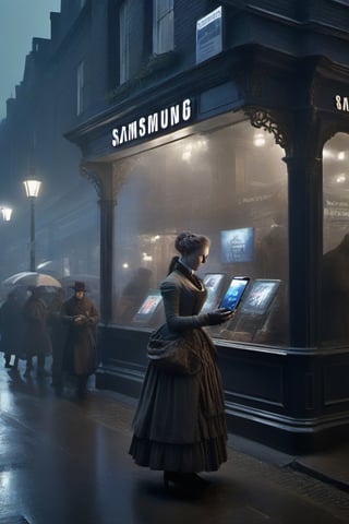 In a parallel world,
18th century victorian england,
Samsung store,
Selling mobile phones ,
Multiple shops,
Shop sign text "Samsung" ,
Busy street ,
Woman carrying a mobile device,
,booth,assassin,night city