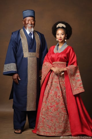  An Old Korean man 90 yrs with his young African sexy wife 20yrs , fantastic realism, full shot, soft colors , wife is young age from Africa with dark skin,