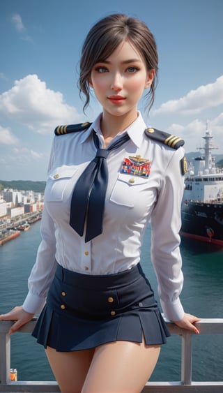 (+18) , nsfw, 

A sexy female navy officer at the harbour ,

ultra detailed face, 
symmetrical eyes, 
soft face, 
Long Cleavage, 
Clean armpits, 
Mini skirt, 
tired and happy,

((view from below, looking upwards))), Insanely detailed portrait of a 
Intricate Photography, 
A Masterpiece, 
8k Resolution Artstation, 
Unreal Engine 5, 
Cgsociety, 
Octane Photograph, sharp focus ,
,