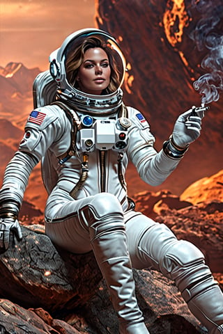 (best quality,4k,highres,masterpiece:1.2),
ultra-detailed,realistic,
photorealistic:1.37,
A sexy female astronaut,
Sexy astronaut outfit,
Sitting on a Rock,
Cleavage,
Large thighs,
Sexy legs,
Open legs,
Leather Thigh high Boots,
Smoking cigarettes,
otherworldly experience,food ,more detail XL