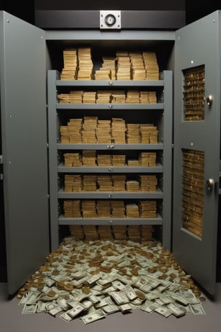 Bank vault,
Open,
Money stackes,
Millions,