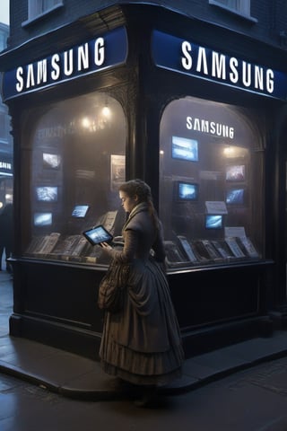 In a parallel world,
18th century victorian england,
Samsung store,
Selling mobile phones ,
Multiple shops,
Shop sign text "Samsung" ,
Busy street ,
Woman carrying a mobile device,
,booth,assassin,night city