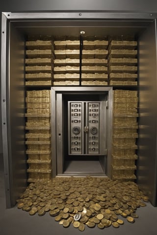 Bank vault,
Open,
Money stackes,
Millions,