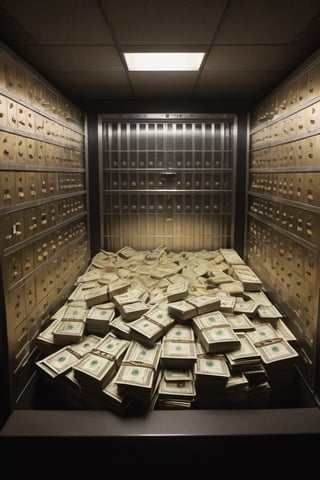 Bank vault,
Open,
Money stackes,
Piles of money,
Millions,