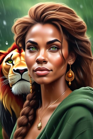 A beautiful woman ,
Friend with a Lion,
((Scar Lion from Lion King)) ,
scarlion, lion, green eyes, 
whiskers, feline, 
cheek beauty mark ,
chin dimple ,
piggy nose ,
upturned nose ,
pixie nose ,

best quality, photorealistic, raining, cloydy, hyperrealistic, ultradetailed, detailed background, photo background, digital drawing (artwork), 

[[by kenket|by totesfleisch8], 
by thebigslick:by silverfox5213:0.8], 
[by syuro, by paloma-paloma::0.2],
 depth of field, grey sky, 
intimidating,  ,
#solar system,
Porcellana style,food ,more detail XL