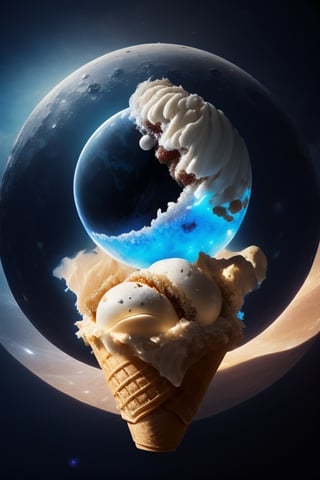masterpiece, best quality, 
ICE cream scoop as The planet earth in the Solar System ,
The moon ,
Planet Saturn ,
Planet Jupiter,
ICE cream Glass,
,earth (planet),sitting on the crescent moon