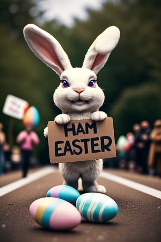 cinematic film still a activist Rabbit rally, protesting against war, 
making a  peace sign, 
holding a sign  text:("Easter") ,
paws , 
Easter eggs scattered, 
shallow depth of field, 
vignette, highly detailed, high budget, bokeh, cinemascope, moody, epic, gorgeous, film grain, grainy