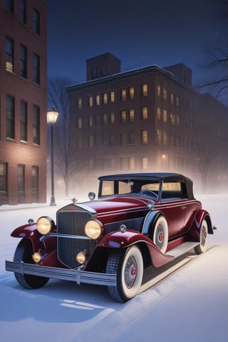 1 car,  1930 Cadillac V16 Madame X Sedan Cabriolet,  
,  parked against the background of a Chicago (mafia boss) in year 1934 ,  
snowy,  night time, 
best quality,  realistic,  
photography,  highly detailed,  
8K,  HDR,  photorealism,  
naturalistic,  realistic,  
raw photo ,
H effect,  ,  ,,