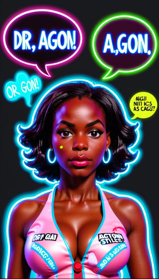 (+18) , nsfw, 
A sexy black female doctor with text bubble that says "Dr. Agon", 
Cleavage, 

,anitoon style,neon style