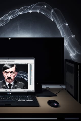 Adolf Hitler, 
,
UHD, absurdres, 
looking at screen, 
desktop computer, 
Apple laptop, 
dark room, 
lit by screen, 
soft glow, 
(gooning), 
sprial on screen,  ,
photorealistic