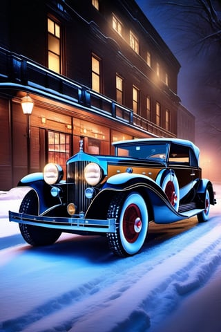 1 car,  1930 Cadillac V16 Madame X Sedan Cabriolet,  
,  parked against the background of a Chicago mafia girls ,  
snowy,  night time, 
 (best quality,  realistic,  photography,  highly detailed,  8K,  HDR,  photorealism,  naturalistic,  realistic,  raw photo),  
H effect,  ,  ,,