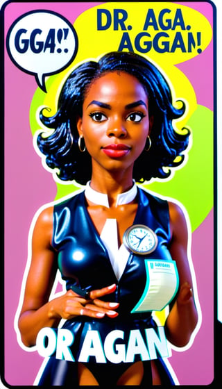 A sexy black female doctor with text bubble that says "Dr. Agon year", ,
,anitoon style