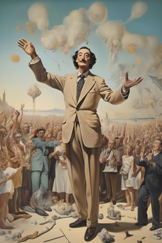 Salvador Dalí ,
Full body shot, 
Drawing a Painting ,
his famous work On a canvas, 
fantasy concept,
,
Crowd of people clapping in background, 
,
,realg,more detail XL