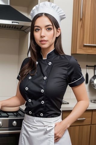 Easteregg cooking, 
modelshoot style, 
masterpiece, sharp focus, 
a picture of female sp-nz, in a sexy chefs uniform and chef hat, 
standing in a kitchen, 
5 o'clock shadow, 
stubble, age 43