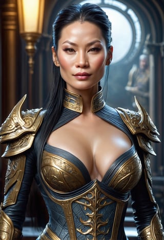 ((extremely realistic photo)), (professional photo), A beautiful big breasts ((Lucy Liu:1.30)) with long black hair and a golden armor stands in a dark room illuminated by flame lamps in front of a large orb-shaped window. Combination of medieval and futuristic style, ((ultra sharp focus)), (realistic textures and skin:1.1), aesthetic. masterpiece, pure perfection, high definition ((best quality, masterpiece, detailed)), ultra high resolution, hdr, art, high detail, add more detail, (extreme and intricate details), ((raw photo, 64k:1.37)), ((sharp focus:1.2)), (muted colors, dim colors, soothing tones ), siena natural ratio, ((more detail xl)),more detail XL,detailmaster2,Enhanced All,photo r3al,masterpiece,photo r3al,Masterpiece,Fashion Illustration,Architectural100,armor
